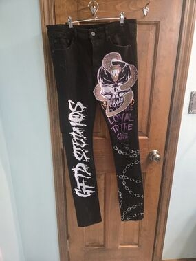GTFO Black Graphic Purple And Siver Skull Snake Jeans with Chains